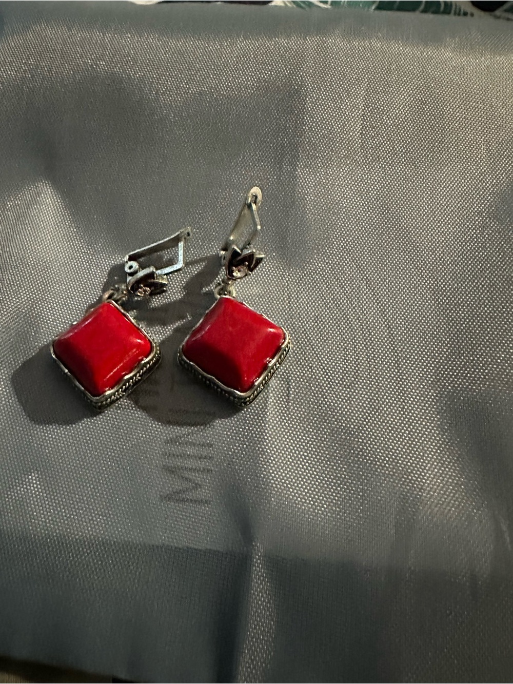 Red Square Drop Earrings - Floral Accent